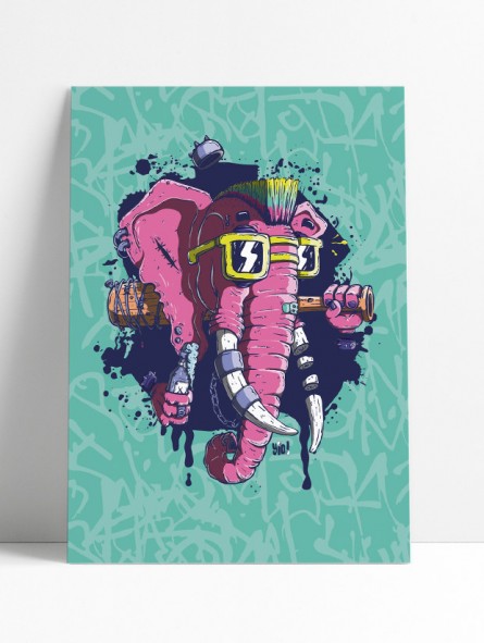 Affiche éléphant punk illustration originale rétro badass 30x40 cm Archives Yio