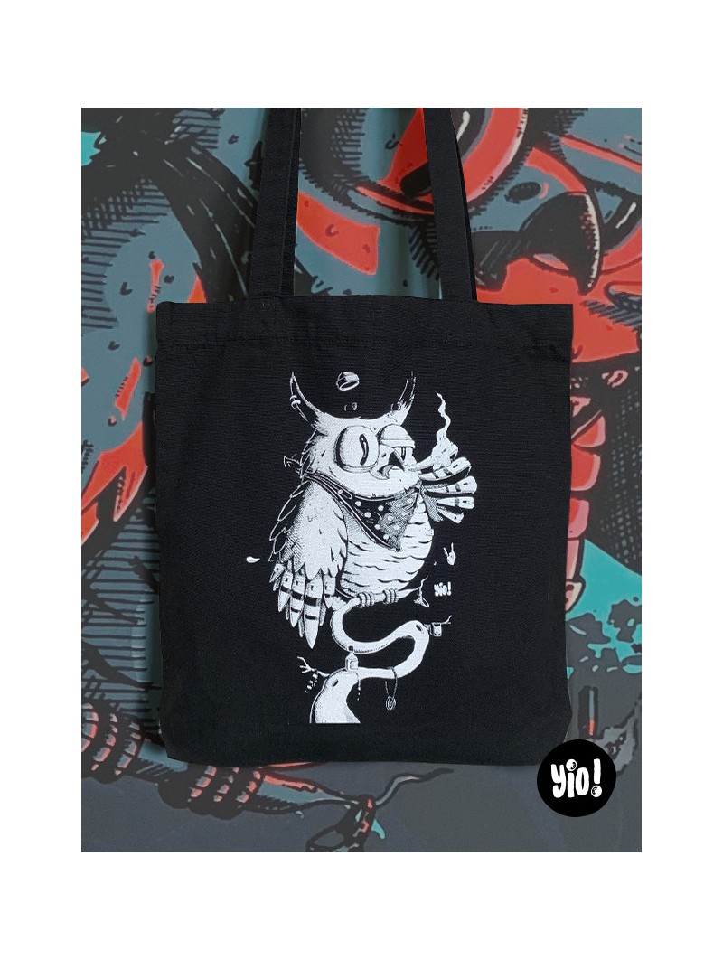 tote-bag hibou noir et blanc - tote bag hibou en coton bio - totebag hibou dessiné et imprimé en France