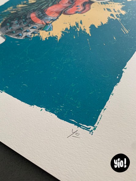 sérigraphie coq punk - tirage d'art coq guerrier - papier de créa - dessiné et sérigraphié en France