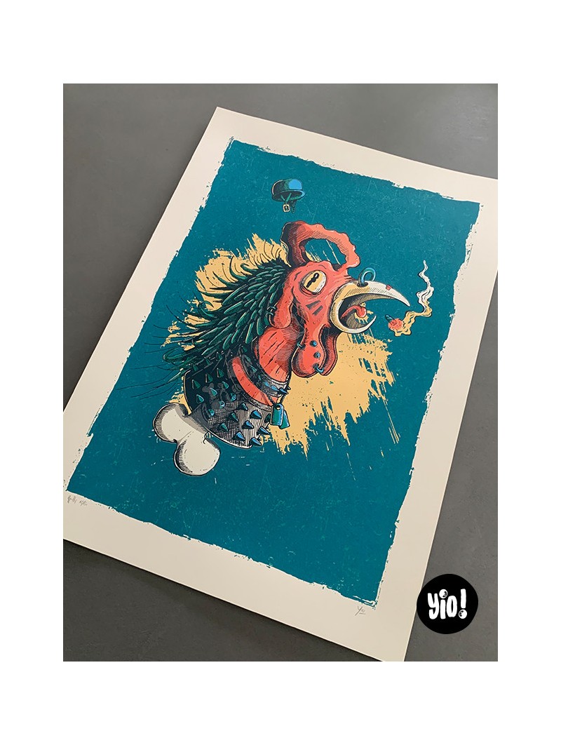 sérigraphie coq punk - tirage d'art coq guerrier - papier de créa - dessiné et sérigraphié en France