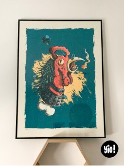 sérigraphie coq punk - tirage d'art coq guerrier - papier de créa - dessiné et sérigraphié en France