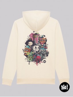 sweat à capuche naturel patchwork personnages - hoodie unisexe en coton bio - dessiné et imprimé en France