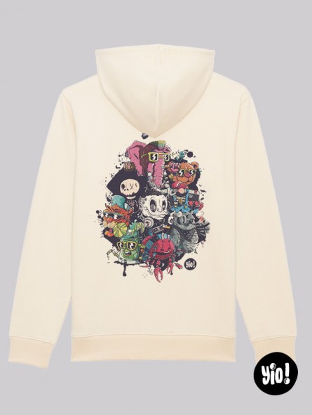 sweat à capuche naturel patchwork personnages - hoodie unisexe en coton bio - dessiné et imprimé en France