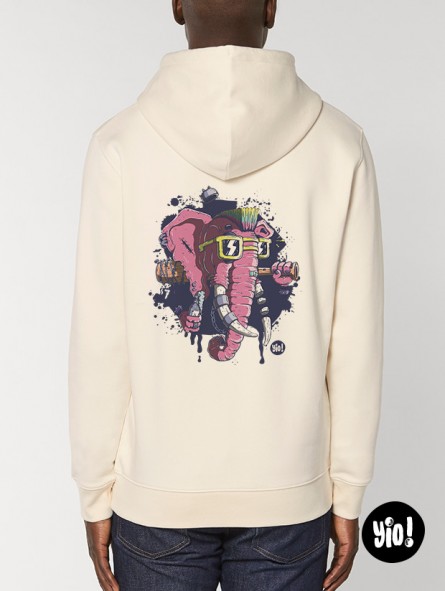 sweat à capuche éléphant punk ivoire - hoodie éléphant badass unisexe en coton bio - sweat dessiné et imprimé en France