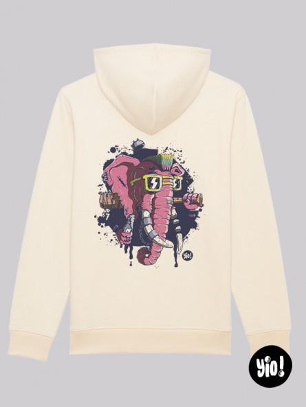 sweat à capuche éléphant punk ivoire - hoodie éléphant badass unisexe en coton bio - sweat dessiné et imprimé en France