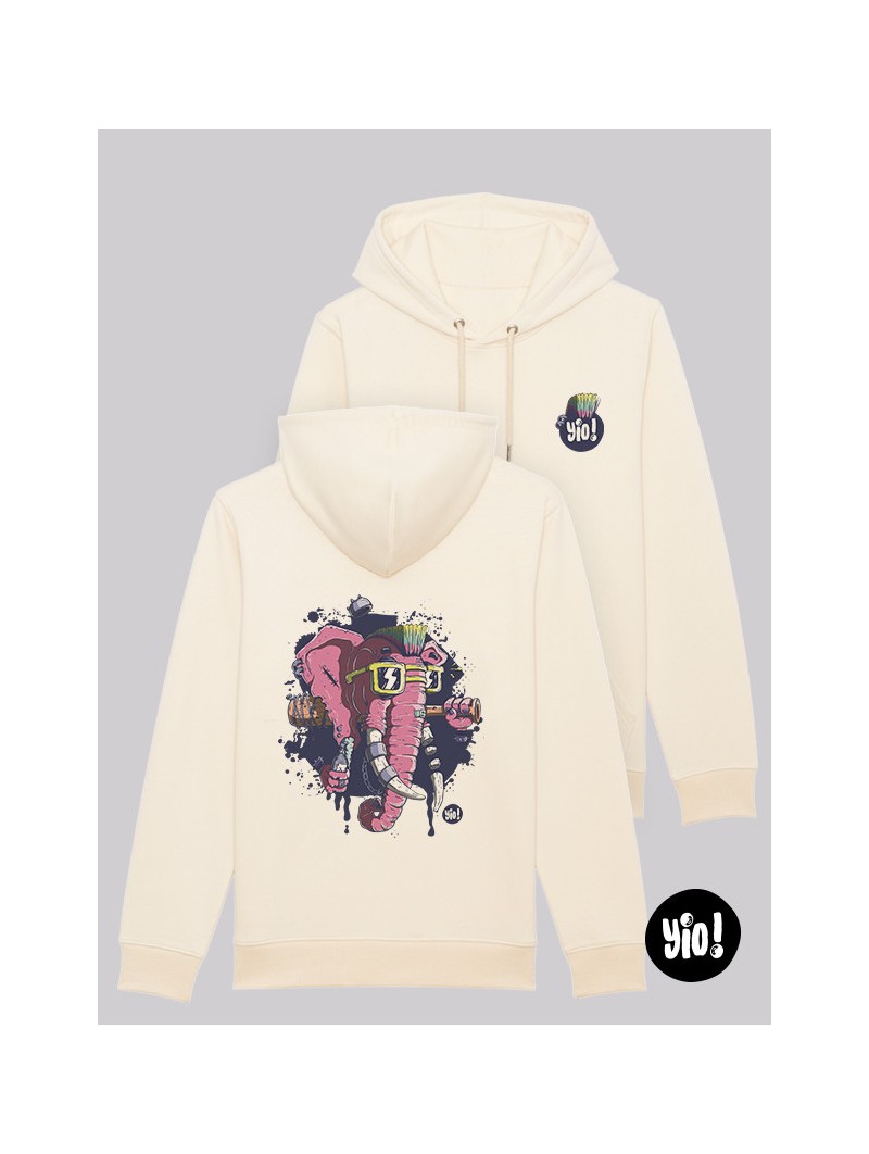 sweat à capuche éléphant punk ivoire - hoodie éléphant badass unisexe en coton bio - sweat dessiné et imprimé en France
