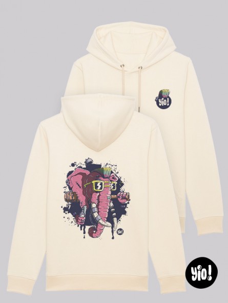 sweat à capuche éléphant punk ivoire - hoodie éléphant badass unisexe en coton bio - sweat dessiné et imprimé en France