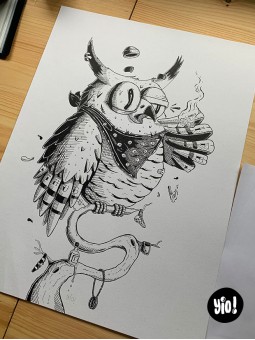 dessin original hibou - dessin hibou encre de Chine - original hibou papier de créa - dessiné en France