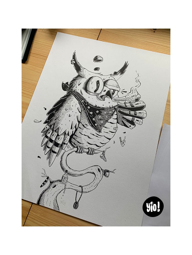 dessin original hibou - dessin hibou encre de Chine - original hibou papier de créa - dessiné en France