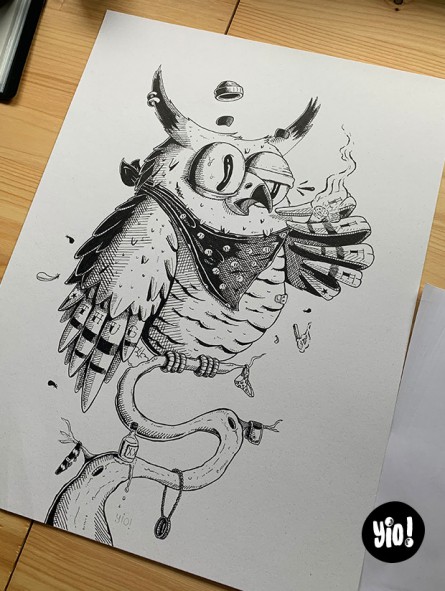 dessin original hibou - dessin hibou encre de Chine - original hibou papier de créa - dessiné en France