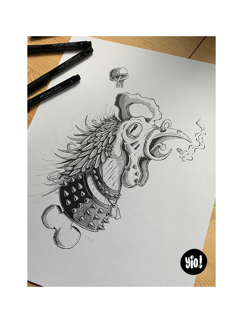 dessin original coq punk - dessin coq encre de Chine - original coq papier de créa - dessiné en France