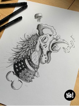 dessin original coq punk - dessin coq encre de Chine - original coq papier de créa - dessiné en France