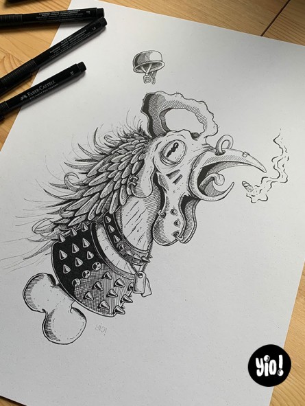 dessin original coq punk - dessin coq encre de Chine - original coq papier de créa - dessiné en France