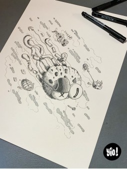 dessin original poulpe - dessin poulpe encre de Chine - original poulpe papier de créa - dessiné en France