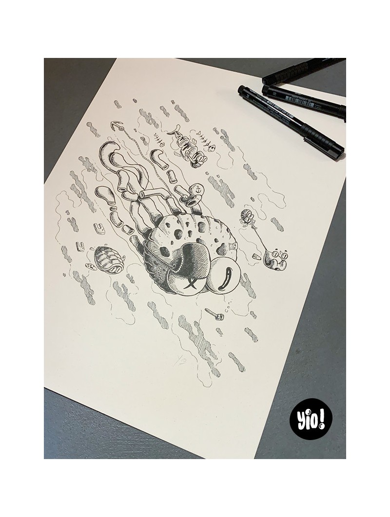 dessin original poulpe - dessin poulpe encre de Chine - original poulpe papier de créa - dessiné en France