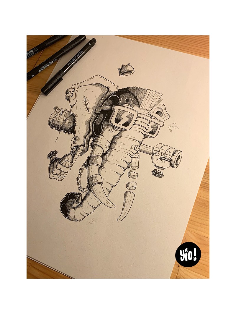 dessin original éléphant punk - dessin éléphant encre de Chine - original  éléphant papier de créa - dessiné en France