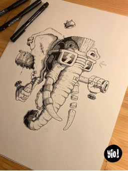 dessin original éléphant punk - dessin éléphant encre de Chine - original  éléphant papier de créa - dessiné en France