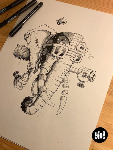 dessin original éléphant punk - dessin éléphant encre de Chine - original  éléphant papier de créa - dessiné en France