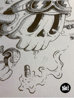 dessin original crâne biker - dessin crâne encre de Chine - original crâne papier de créa - dessiné en France