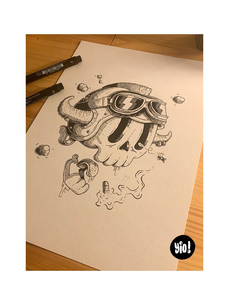 dessin original crâne biker - dessin crâne encre de Chine - original crâne papier de créa - dessiné en France