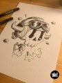 dessin original crâne biker - dessin crâne encre de Chine - original crâne papier de créa - dessiné en France