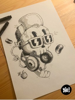 dessin original crâne chill - dessin crâne cool encre de Chine - original crâne papier de créa - dessiné en France