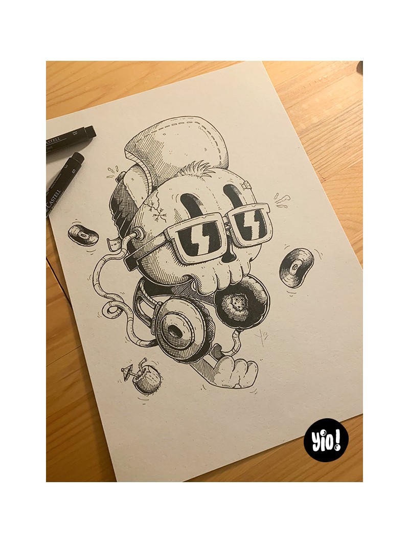 dessin original crâne chill - dessin crâne cool encre de Chine - original crâne papier de créa - dessiné en France