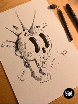 dessin original crâne punk - dessin crâne rock encre de Chine - original crâne papier de créa - dessiné en France