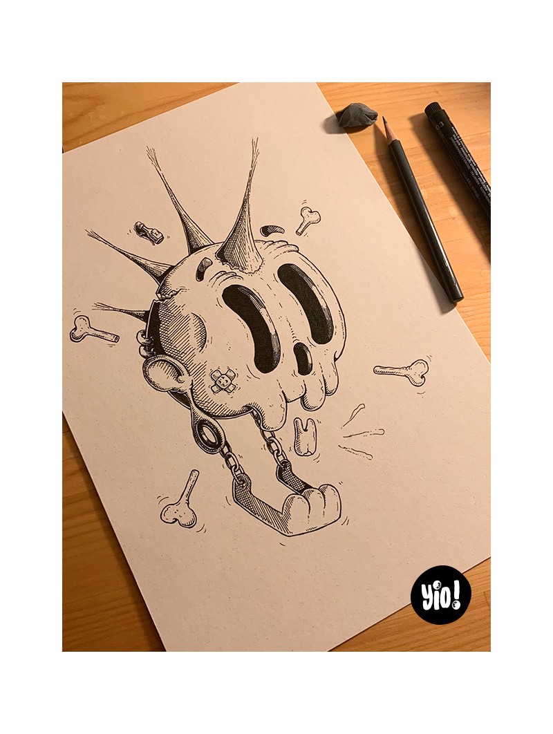 dessin original crâne punk - dessin crâne rock encre de Chine - original crâne papier de créa - dessiné en France