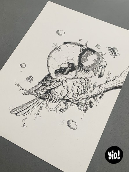 dessin original perroquet ara - dessin perroquet encre de Chine - original ara papier de créa - dessiné en France