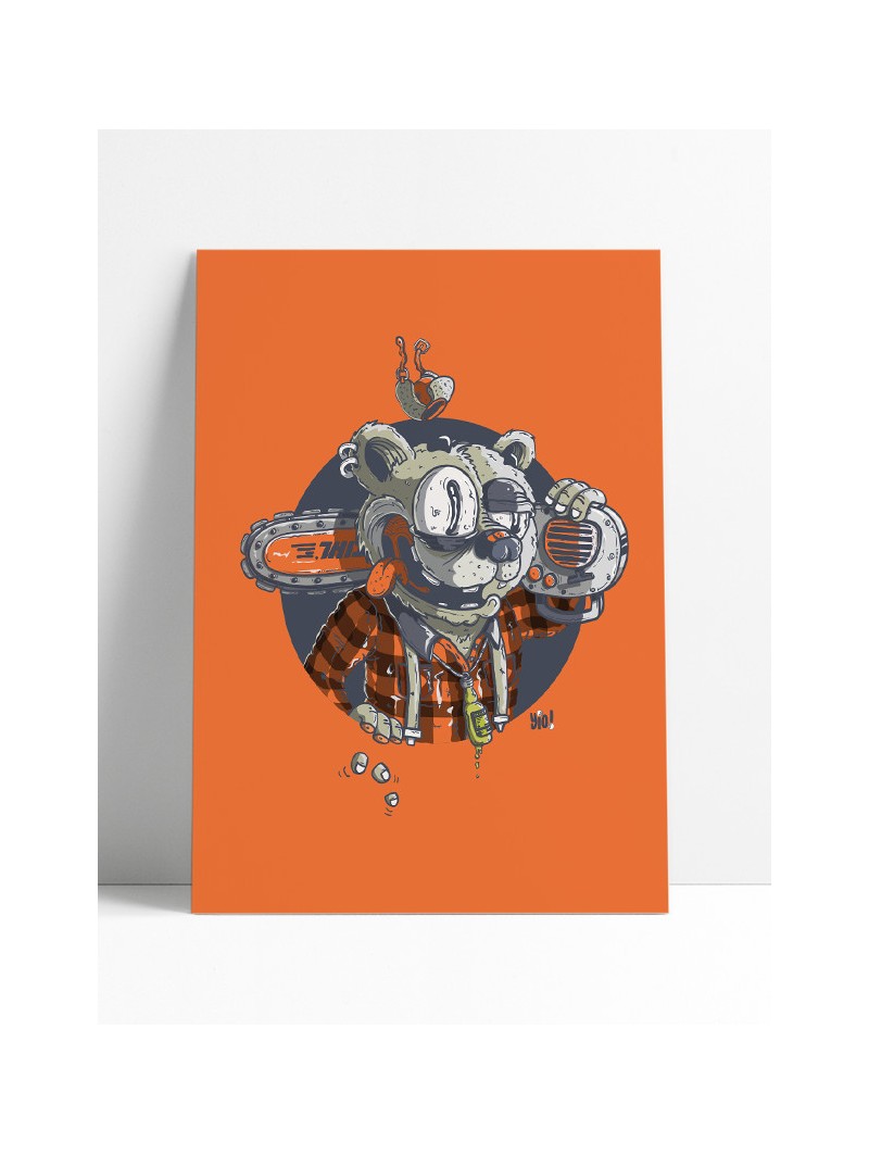 Affiche ours grizzly bûcheron illustration originale lumberjack forêt montagne Alpes 30x40 Archives Yio