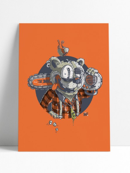 Affiche ours grizzly bûcheron illustration originale lumberjack forêt montagne Alpes 30x40 Archives Yio