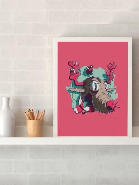 affiche renne noël - poster renne noël - papier de créa - dessiné et imprimé en France