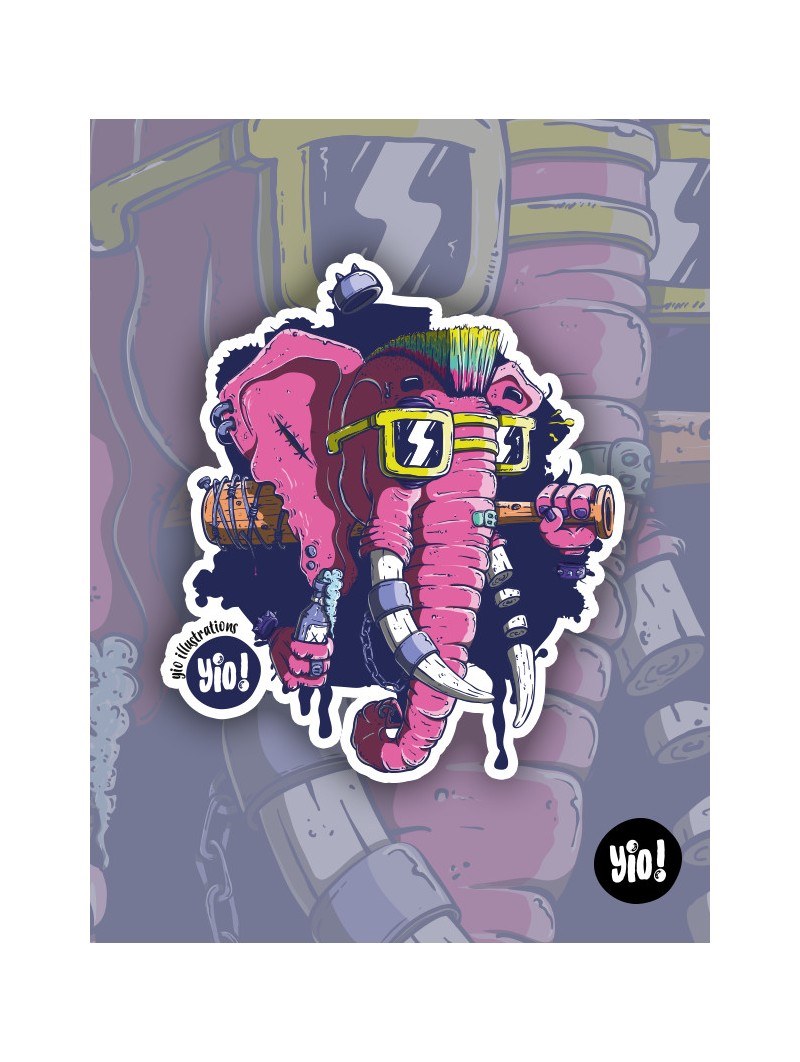 Sticker éléphant punk holographique illustration rock décalé vinyle Yio
