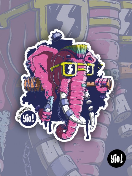 Sticker éléphant punk holographique illustration rock décalé vinyle Yio