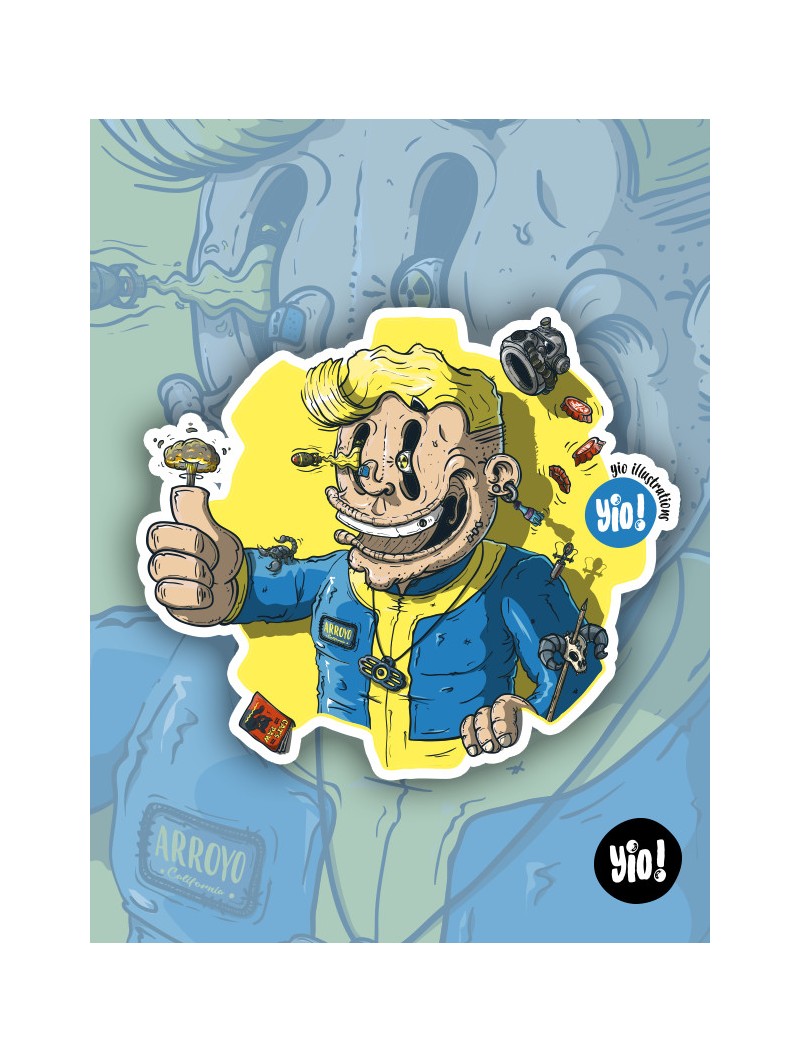Sticker Vault Boy Fallout holographique illustration Wasteland rétro-futuriste vinyle Yio