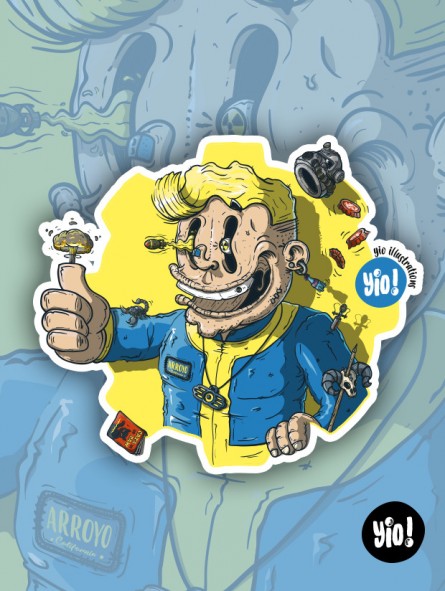 Sticker Vault Boy Fallout holographique illustration Wasteland rétro-futuriste vinyle Yio