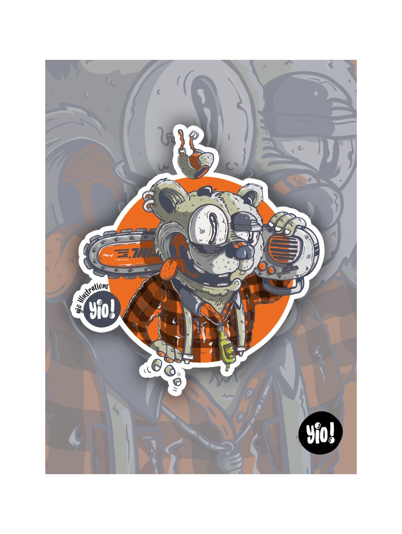 Sticker ours grizzly bûcheron holographique illustration lumberjack Chartreuse Alpes vinyle Yio