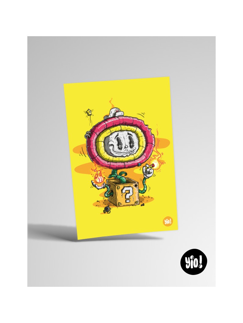 Carte Mario fleur de feu Fire Flower illustration originale retrogaming pixel art 10x15 cm Yio