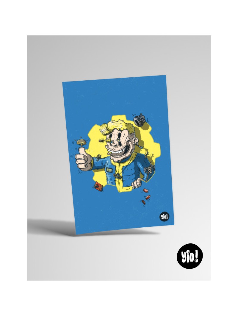 Carte Vault Boy Fallout illustration originale rétro-futuriste Wasteland 10x15 cm Yio