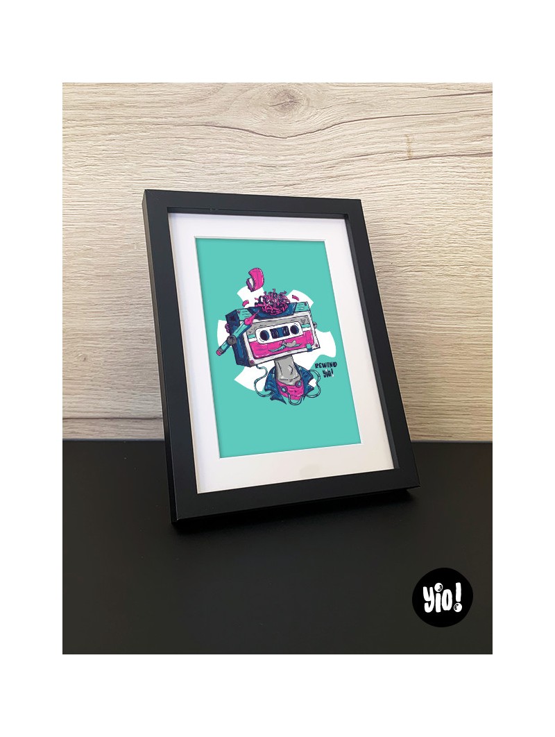 Carte 10x15 cassette audio encadrée - Illustration vintage rétro