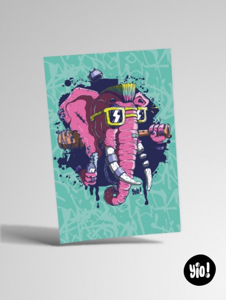 Carte éléphant punk illustration originale rock décalé 10x15 cm Yio