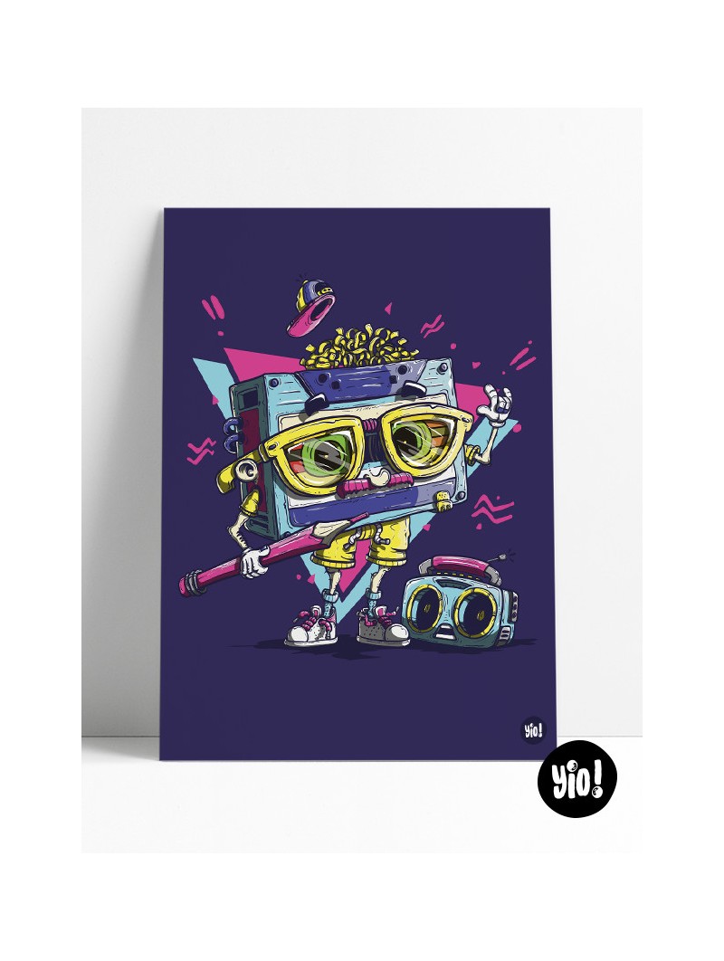 Affiche K7 cassette décalée illustration vintage rétro 30x40 cm Archives Yio