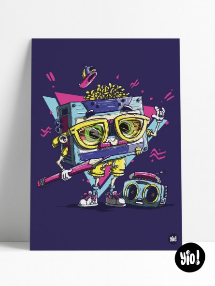 Affiche K7 cassette décalée illustration vintage rétro 30x40 cm Archives Yio