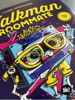 Focus sur le personnage et les détails graphiques de la cassette audio