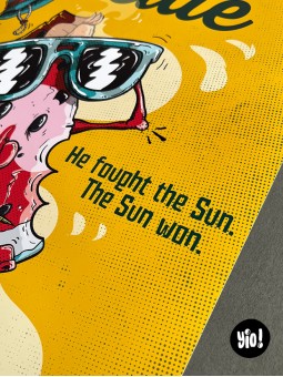 Détail du texte "He Fought the Sun. The Sun Won." sur l'affiche