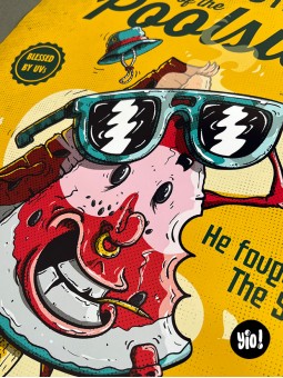 Détail graphique du personnage pastèque et de ses textures de pulpe