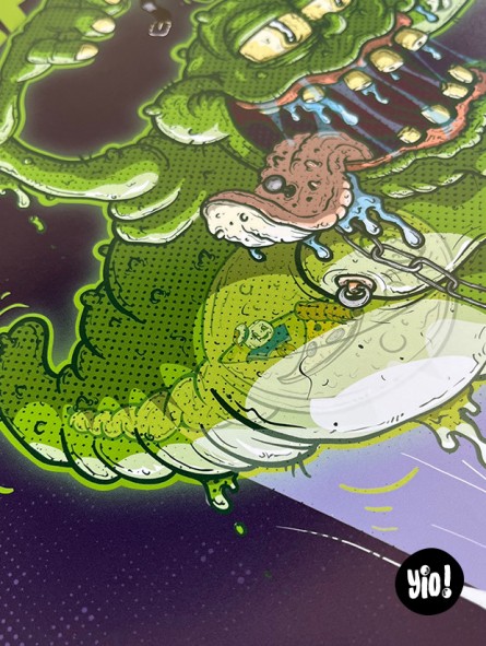 Détail hot-dog Slimer glouton illustration humoristique cinéma fantastique années 80 Yio