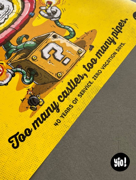 Détail typographie Too Many Castles Too Many Pipes affiche Mario retrogaming Yio