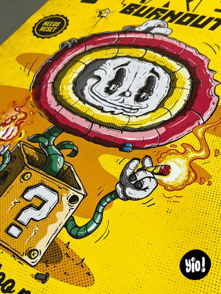 Détail regard fleur de feu Mario Fire Flower pixel burnout illustration humoristique Yio